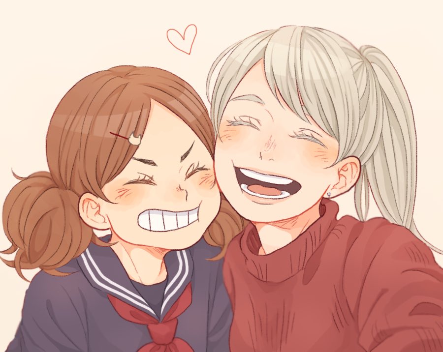 2girls, ^_^, age_difference, blonde_hair, blush, brown_hair, closed_eyes, eyebrows, eyelashes, facing_viewer, grin, haiba_arisa, haikyuu!!, hair_ornament, hairclip, happy, heart, laugh_111, long_hair, multiple_girls, open_mouth, ponytail, portrait, red_sweater, sailor_collar, school_uniform, smile, sweater, teeth, tongue, twintails, yamamoto_akane