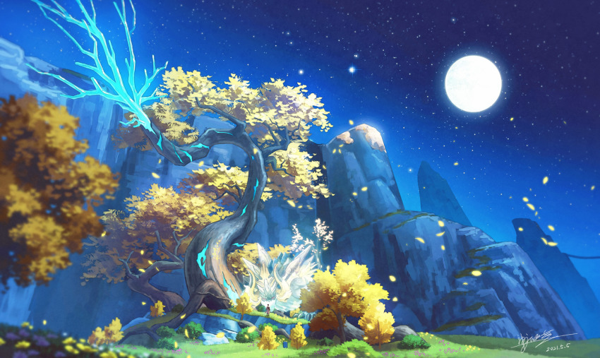 1boy, blue_sky, blurry, blurry_foreground, dated, full_moon, genshin_impact, kaminaga_mutsumi