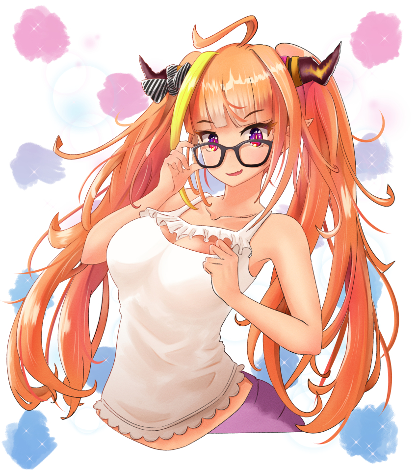 1girl, absurdres, adjusting_eyewear, ahoge, bare_shoulders, black-framed_eyewear, blonde_hair, blunt_bangs, bow, breasts, bright_pupils, camisole, cleavage, cleavage_cutout, clothing_cutout, collarbone, cropped_torso, diagonal-striped_bow, dragon_girl, dragon_horns, dragon_tail, fang, frilled_camisole, frills, glasses, hair_intakes, hands_up, highres, hololive, horn_bow, horn_ornament, horns, kenseihue, kiryu_coco, long_hair, looking_at_viewer, medium_breasts, messy_hair, multicolored_eyes, multicolored_hair, official_alternate_costume, orange_hair, parted_lips, pointy_ears, purple_eyes, red_eyes, simple_background, skin_fang, slit_pupils, smile, solo, streaked_hair, striped_bow, tail, twintails, upper_body, virtual_youtuber, white_camisole