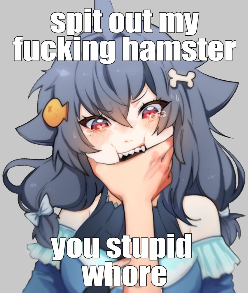1girl, bone_hair_ornament, bow, breasts, cheek_press, detached_sleeves, english_text, fish_hair_ornament, grey_bow, grey_hair, hair_bow, hair_ornament, hand_on_another's_face, highres, image_macro_(meme), impact_(font), indie_virtual_youtuber, looking_at_viewer, mako_sameshima, medium_breasts, meme, open_mouth, pov, profanity, red_eyes, second-party_source, shark_fin, shark_girl, sharp_teeth, solo_focus, spit_out_my_fucking_hamster_(meme), tearing_up, teeth, tiredcatmom, virtual_youtuber