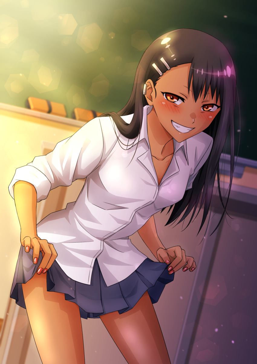 1girl, black_hair, blush, brown_eyes, chalkboard, clothes_lift, grin, highres, ijiranaide_nagatoro-san, lifting_own_clothes, long_hair, looking_at_viewer, nagatoro_hayase, nail_polish, shelty, skirt, skirt_lift, smile, solo, tan