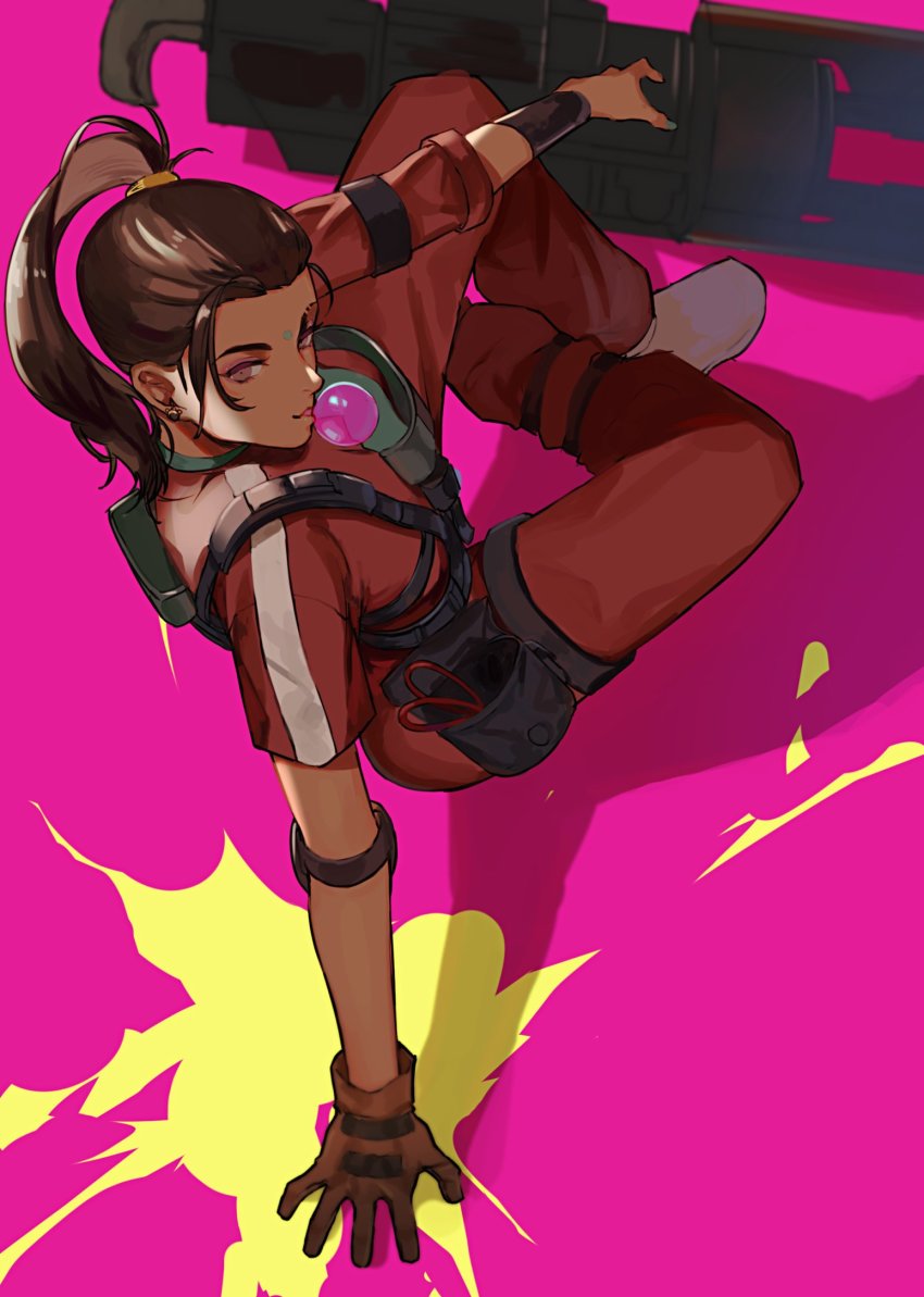 1girl, animification, apex_legends, black_gloves, blowing_bubble_gum, blowing_bubbles, bracer, brown_eyes, brown_hair, chewing_gum, dark-skinned_female, dark_skin, elbow_pads, facial_mark, forehead_mark, gatling_gun, gloves, hair_behind_ear, highres, looking_to_the_side, minigun, open_hand, ponytail, rampart_(apex_legends), sheila_(minigun), single_glove, sitting, solo, tsukura_sae