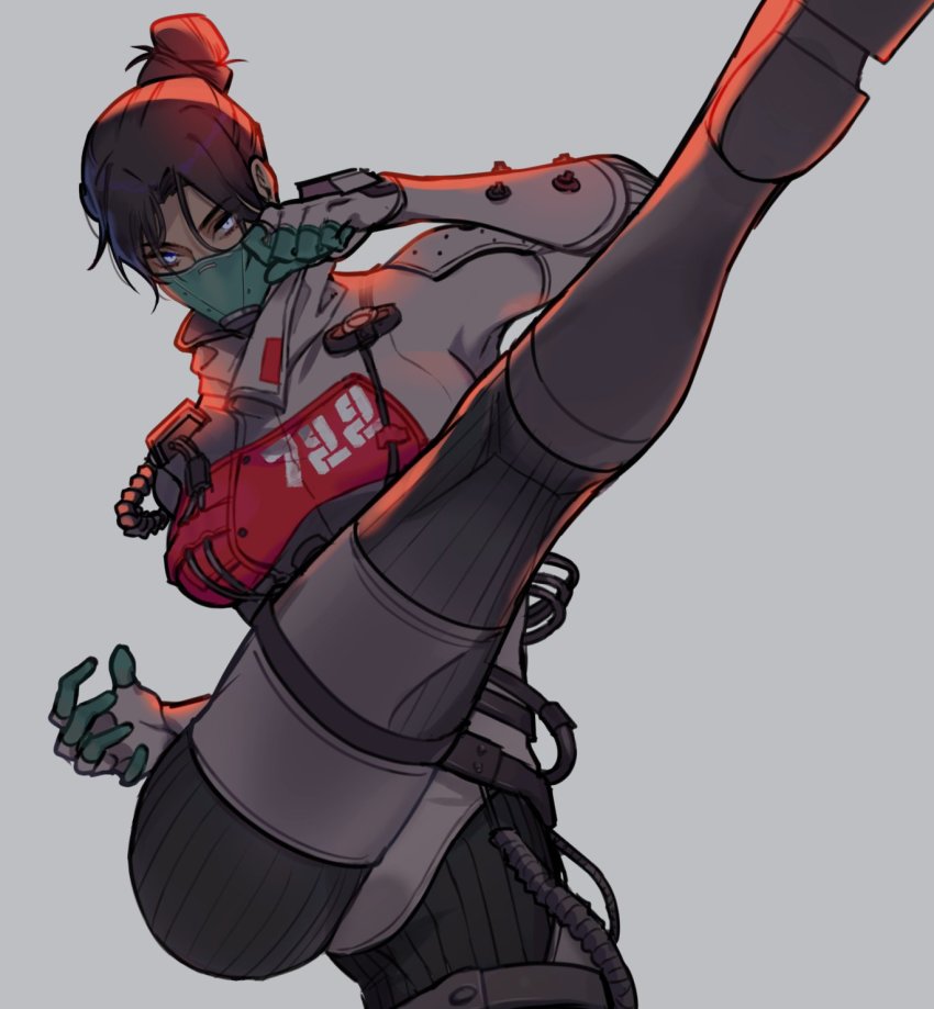 1girl, apex_legends, black_hair, blue_eyes, bodysuit, boots, breasts, cable, clenched_hand, glowing, glowing_eyes, grey_background, grey_boots, hair_behind_ear, hair_bun, highres, kicking, looking_at_viewer, mask, medium_breasts, mouth_mask, open_hand, parted_bangs, quarantine_722_wraith, single_hair_bun, solo, tsukura_sae, white_bodysuit, wraith_(apex_legends)