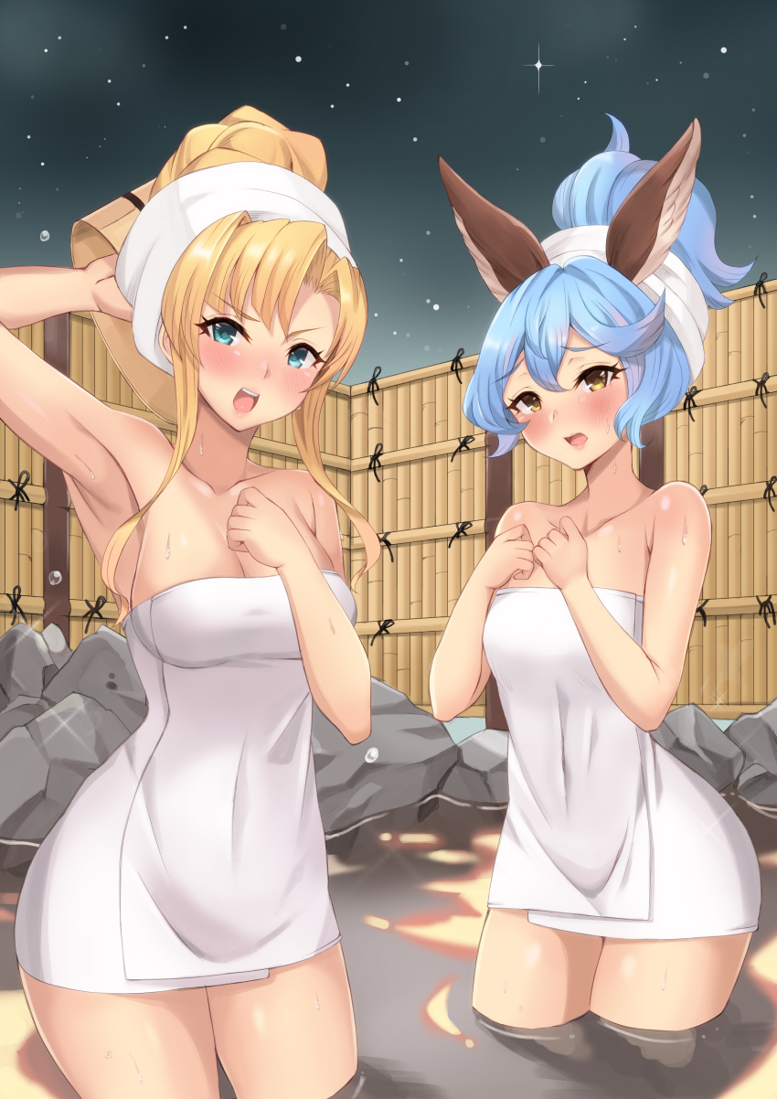2girls, absurdres, blonde_hair, blue_eyes, blue_hair, blush, breasts, collarbone