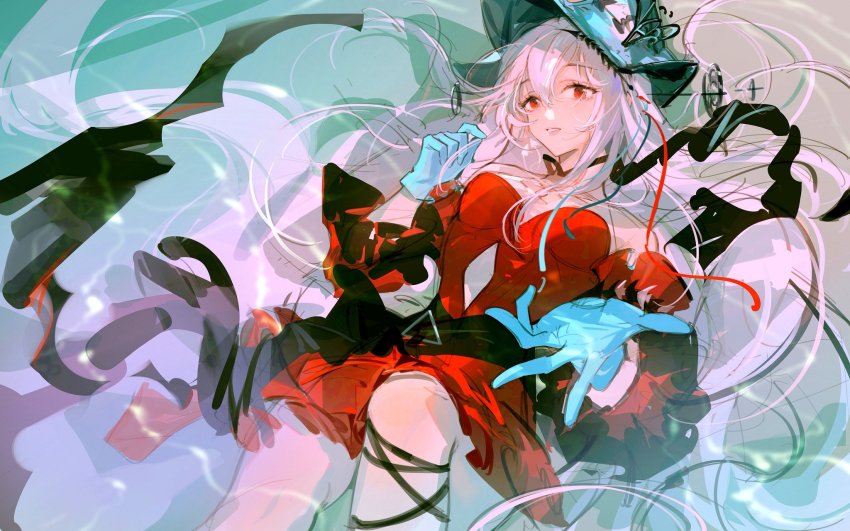 1girl, aqua_gloves, aqua_headwear, arknights, bare_shoulders, black_ribbon, breasts, chinese_commentary