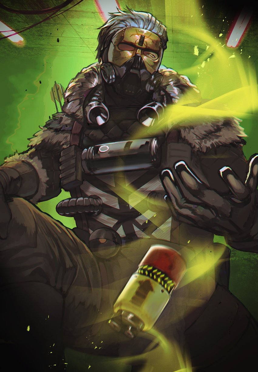 1boy, apex_legends, black_gloves, black_jacket, black_pants, blackheart_caustic, caustic_(apex_legends), explosive