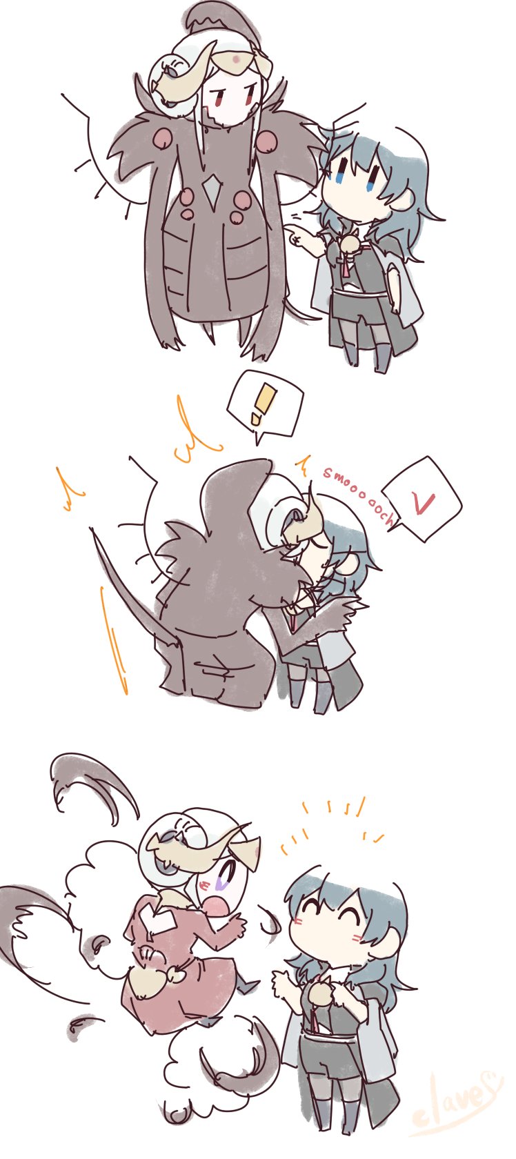 2girls, armor, betchan, black_sclera, blue_eyes, blush, female_byleth_(fire_emblem), cape, chibi, colored_sclera, dress, edelgard_von_hresvelg, edelgard_von_hresvelg_(hegemon_husk), edelgard_von_hresvelg_(timeskip), fire_emblem, fire_emblem:_three_houses, fire_emblem_heroes, gloves, hair_ornament, highres, horns, japanese_clothes, kiss, long_hair, long_sleeves, monster, monster_girl, multiple_girls, nintendo, open_mouth, red_eyes, simple_background, smile, transformation, white_background, white_hair, wings, yuri