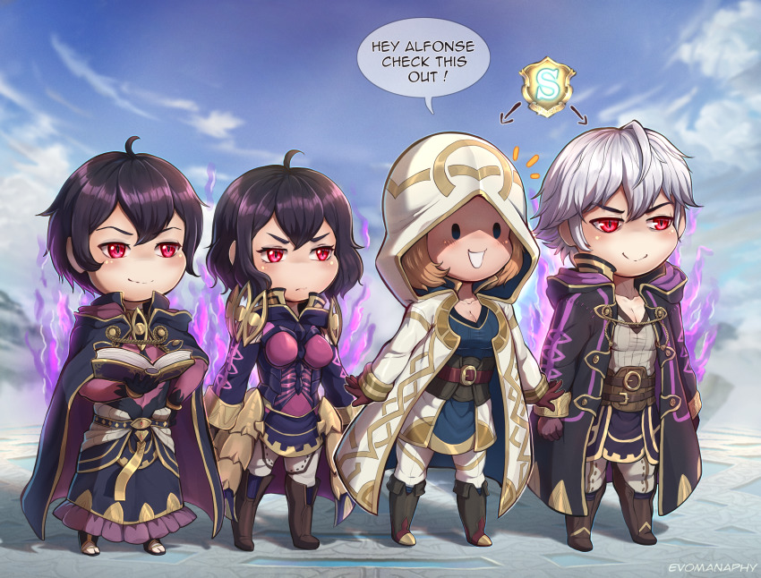 2boys, 2girls, ahoge, aura, black_hair, breasts, brown_hair, chibi