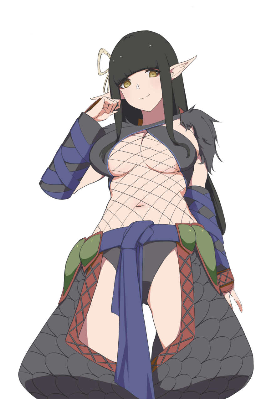 1girl, armor, black_hair, blunt_bangs, boyin, breasts, closed_mouth, fewer_digits, fishnets, gloves, hair_ornament, hairband, highres, hinoa, large_breasts, long_hair, looking_at_viewer, midriff, monster_hunter_(series), monster_hunter_rise, nargacuga_(armor), navel, panties, pointy_ears, simple_background, smile, solo, thighhighs, underwear, yellow_eyes