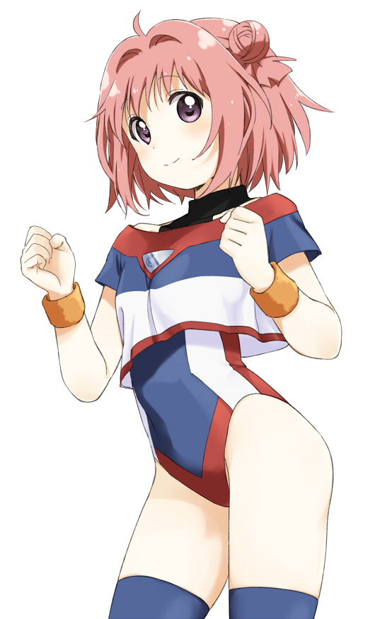 1girl, ahoge, akaza_akari, battle_athletes, blue_thighhighs, clenched_hands, cosplay, cowboy_shot, crop_top, hair_bun, hair_intakes, highleg, highleg_leotard, kanzaki_akari, kanzaki_akari_(cosplay), leotard, name_connection, pink_hair, shikou_sakugo_(qqap9gt9k), short_hair, simple_background, single_hair_bun, solo, thighhighs, white_background, wristband, yuruyuri