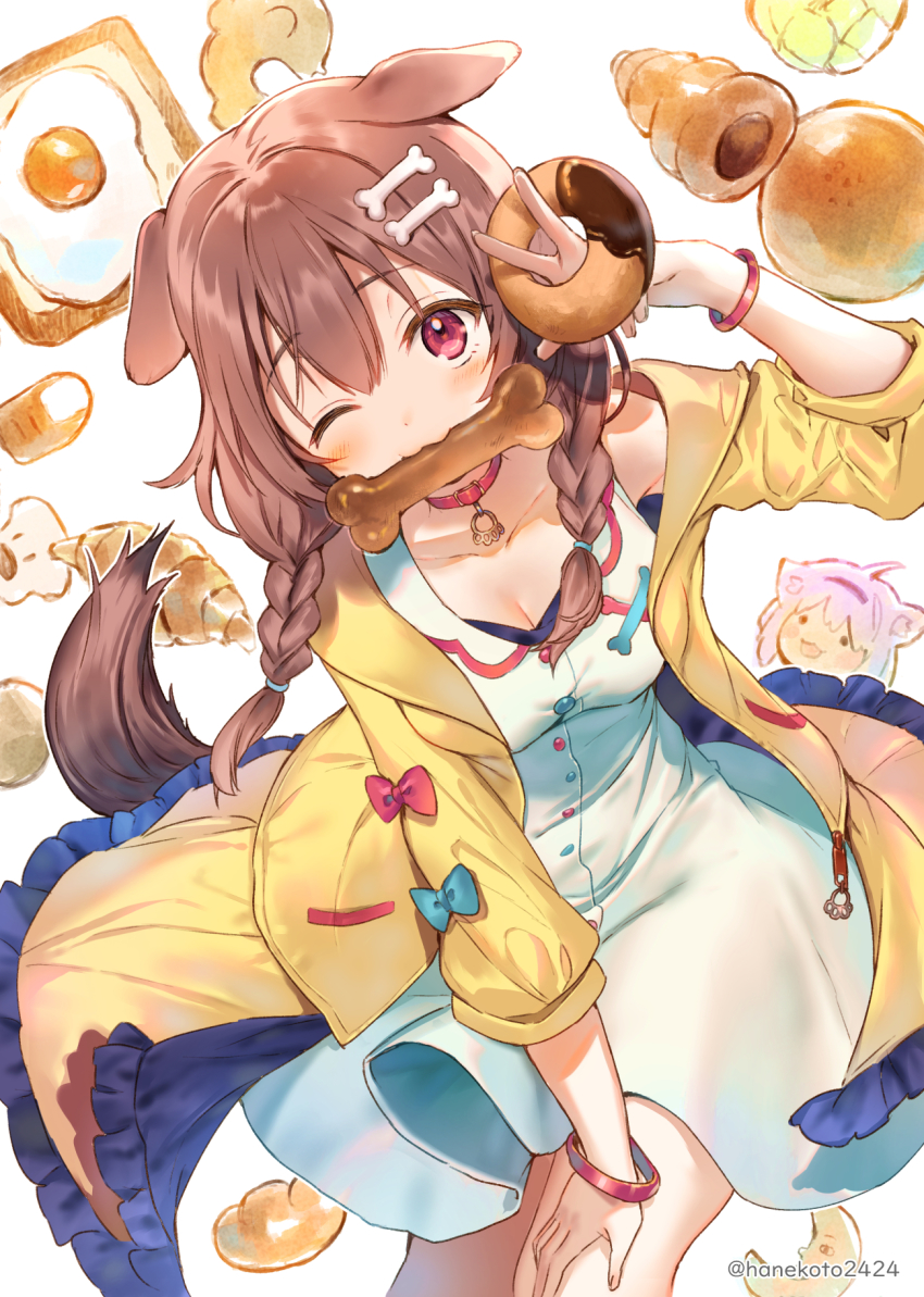 1girl, animal_ears, blush, bone, bone_hair_ornament, braid, bread, bread_slice