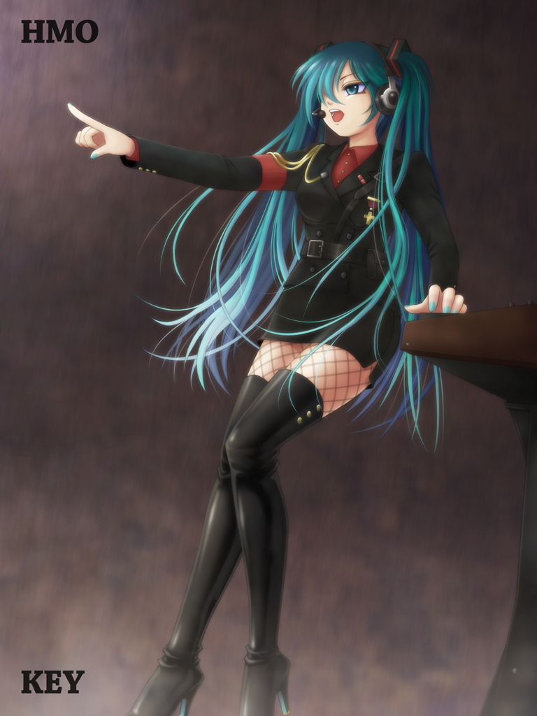 1girl, aiguillette, aqua_eyes, aqua_hair, boots, female_focus, fishnet_thighhighs, fishnets