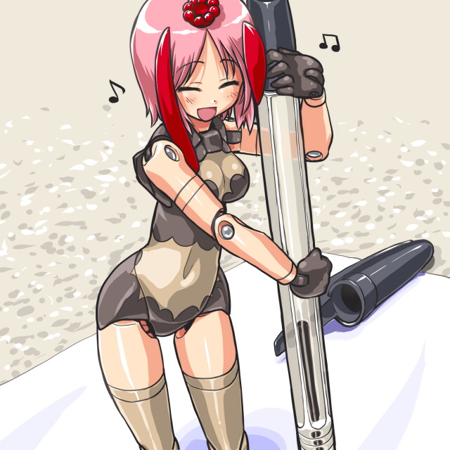 10s, bad_id, bad_pixiv_id, busou_shinki, dd_(ijigendd), doll_joints, gloves, joints, juvisy, mini_person, minigirl, oversized_object, pen, pink_hair, smile, solo, thighhighs