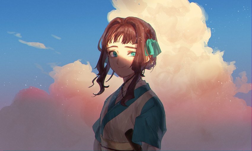 1girl, aqua_eyes, aqua_ribbon, blue_sky, brown_hair, cloud, cloudy_sky, hair_ribbon