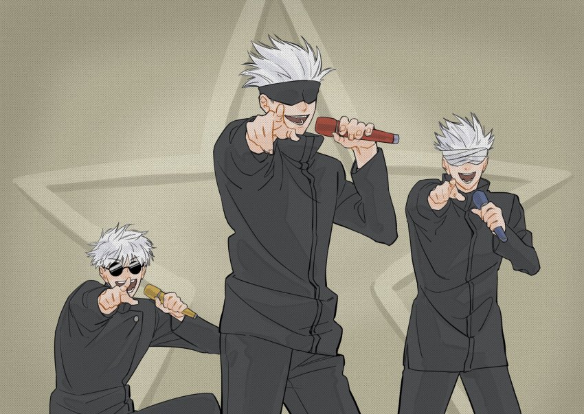 3boys, :d, bandages, bandages_over_eyes, black_jacket, black_pants, blindfold, covered_eyes