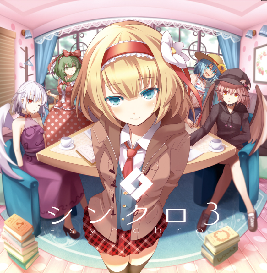 5girls, :d, :o, album_cover, alice_margatroid, alternate_costume, animal_ears, arms_behind_back
