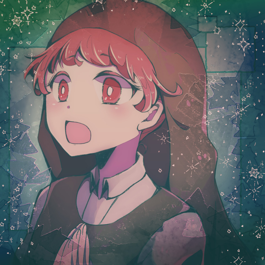 1girl, :o, animification, blush, brown_hair, gacha0101aoba, habit, highres, nun_headdress, own_hands_together, red_eyes, short_hair, sister_act, sister_mary_robert, solo, upper_body