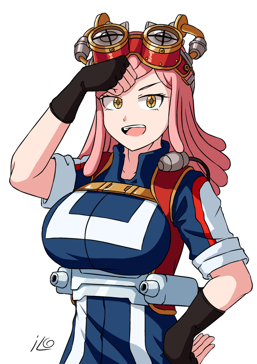 1girl, absurdres, boku_no_hero_academia, breasts, fingerless_gloves, gloves, goggles, goggles_on_head, hatsume_mei, highres, jacket, large_breasts, medium_hair, open_mouth, pink_hair, ryoung_10, sleeves_rolled_up, smile, solo, symbol-shaped_pupils, track_jacket, white_background, yellow_eyes