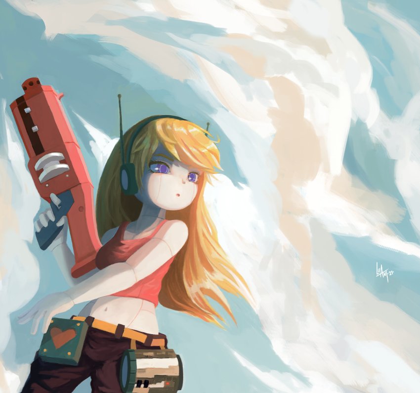 1girl, absurdres, android, belt, blonde_hair, brown_pants, commission, curly_brace