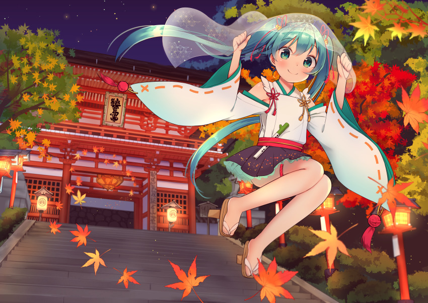 1girl, absurdres, aqua_eyes, aqua_hair, arms_up, autumn, autumn_leaves, black_skirt