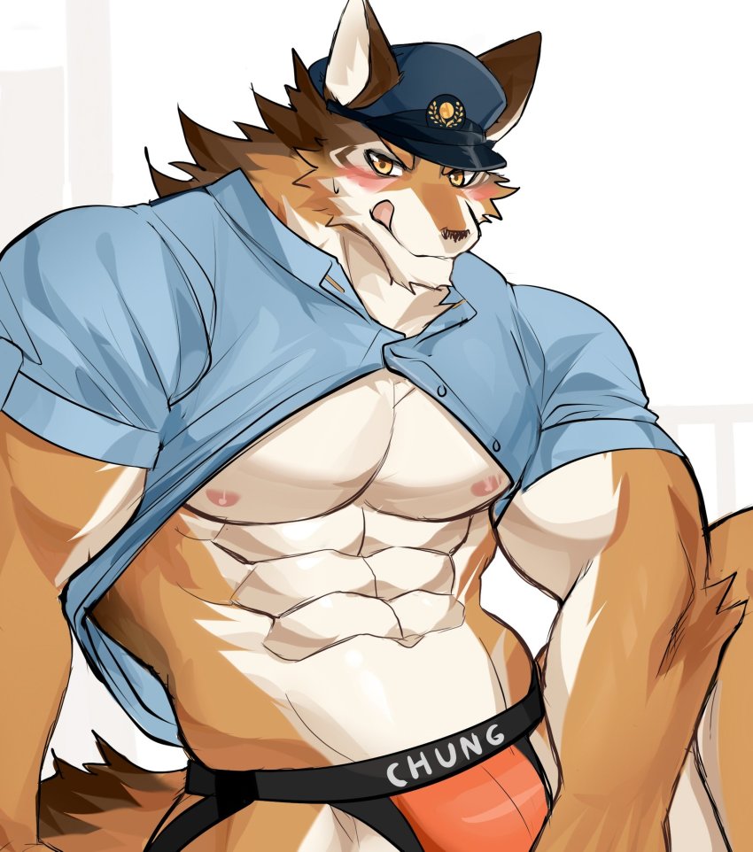 1boy, :q, abs, animal_ears, ao_(chung0u0), aqua_shirt, bara, bare_pectorals, barrel_(live_a_hero), beige_fur, black_male_underwear, blush, brown_fur, bulge, dog_boy, dog_ears, dog_tail, furry, furry_male, hat, highres, jockstrap, large_pectorals, live_a_hero, male_focus, male_underwear, muscular, muscular_male, navel, nipples, no_pants, orange_fur, orange_male_underwear, partially_unbuttoned, pectorals, police, police_hat, police_uniform, shirt, solo, stomach, tail, tongue, tongue_out, underwear