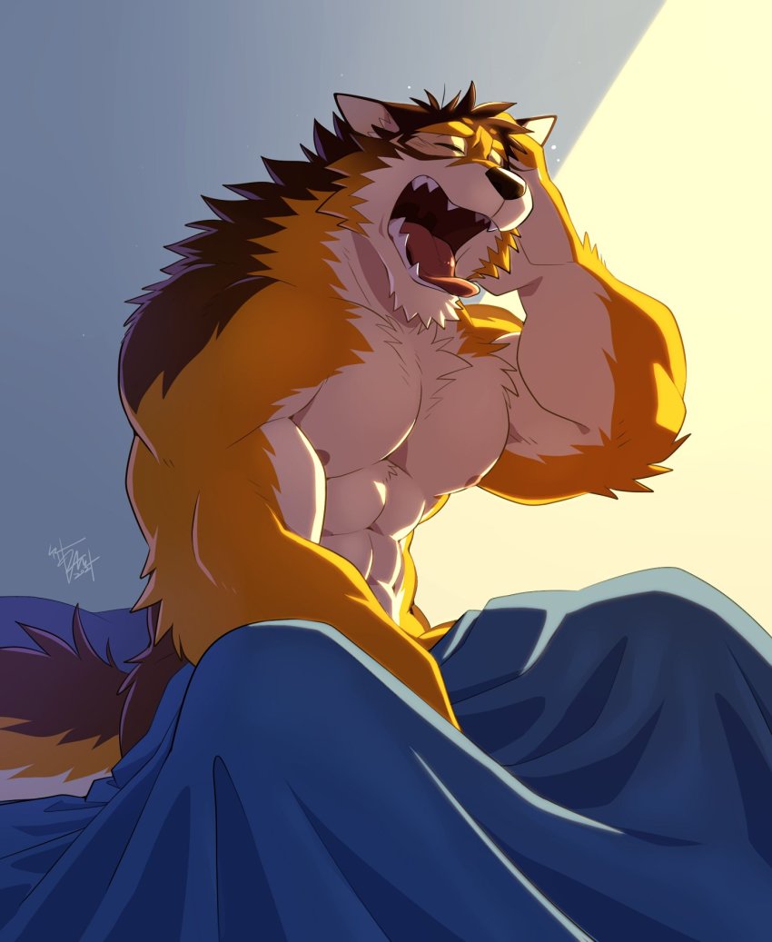 1boy, abs, animal_ears, arashi_takemoto, bara, barrel_(live_a_hero), bed_sheet, beige_fur