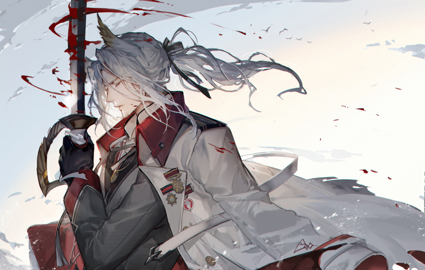 1boy, animal_ears, arknights, closed_eyes, facial_hair, gloves, goatee, hair_flowing_over