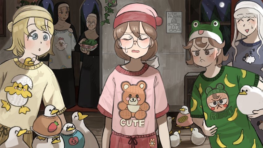 6+girls, :<, :o, ^_^, animal, animal_in_clothes, animal_print, apple_print, arch, baby_animal, banana_print, bear_print, bird, blonde_hair, blue_eyes, blue_shirt, brown_eyes, brown_hair, chicken, chicken_print, closed_eyes, clumsy_nun_(diva), commentary, corn_print, diva_(hyxpk), doorway, duck, duckling, embarrassed, english_commentary, floral_print, folded_clothes, food_print, freckles, frog_hat, frog_print, froggy_nun_(diva), fruit_print, full_moon, glasses, glasses_nun_(diva), goose, green_hat, green_shirt, grey_hair, grey_hat, grey_shirt, habit, hair_ornament, hair_ribbon, hairclip, hanging_plant, hat, highres, holding, holding_unworn_clothes, little_nuns_(diva), mole, mole_under_eye, moon, mother_superior_(diva), multiple_girls, night, nightcap, nose_bubble, nun, nun_headdress, old, old_woman, orange_shirt, pajamas, pillar, pink_hat, pink_shirt, plant, poster_(object), potted_plant, print_shirt, ribbon, scar, scar_across_eye, scar_on_face, sheep_nun_(diva), sheep_print, shirt, sleeping, slice_of_life, star_(sky), strawberry_print, strict_nun_(diva), sweatdrop, traditional_nun, white_ribbon, window, yellow_hat, yellow_shirt