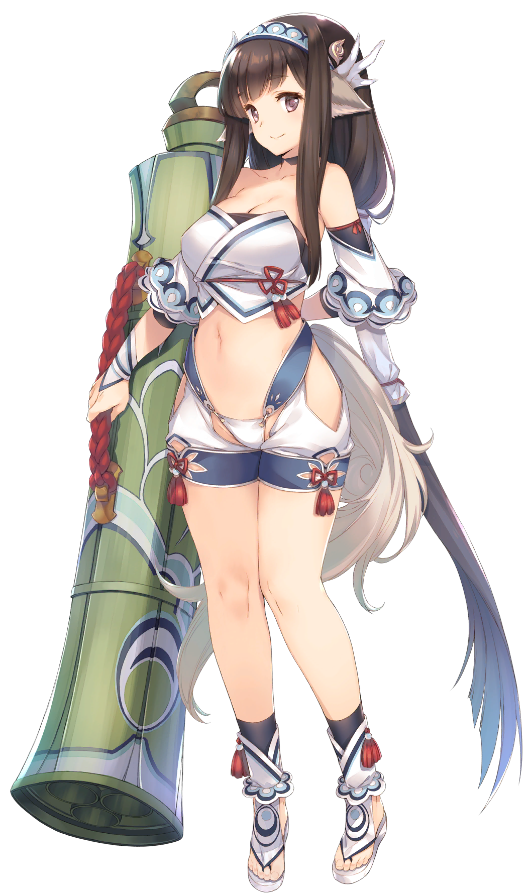 1girl, animal_ears, aquaplus, breasts, brown_hair, choker, closed_mouth, female_focus, full_body, highres, holding, kawata_hisashi, large_breasts, long_hair, looking_at_viewer, midriff, minagi_(utawarerumono), official_art, purple_eyes, raised_eyebrows, simple_background, smile, solo, swimsuit, tail, thighs, transparent_background, utawarerumono, utawarerumono:_lost_flag, very_long_hair