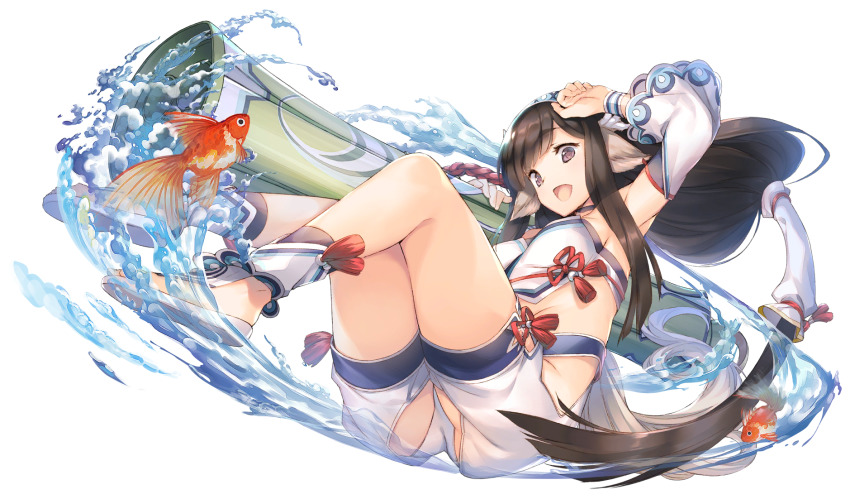 1girl, animal_ears, aquaplus, brown_hair, fish, from_below, highres, holding
