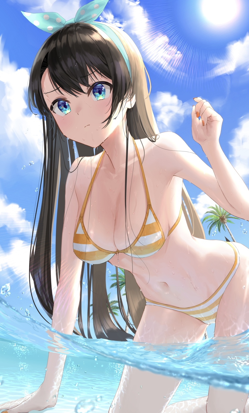 1girl, absurdres, all_fours, alternate_hair_length, alternate_hairstyle, aqua_eyes, bikini, black_hair, blue_eyes, blue_hairband, blue_sky, breasts, cleavage, cloud, day, hairband, highres, hololive, long_hair, looking_at_viewer, medium_breasts, narukami_arei, navel, oozora_subaru, oozora_subaru_(hololive_summer_2019), outdoors, palm_tree, sky, solo, striped_bikini, striped_clothes, sun, swept_bangs, swimsuit, tree, virtual_youtuber, water, yellow_bikini