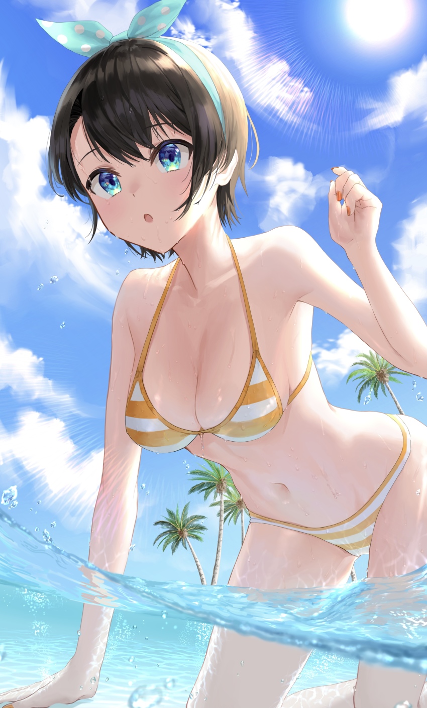 1girl, absurdres, all_fours, aqua_eyes, bikini, black_hair, blue_eyes, blue_hairband, blue_sky, breasts, cleavage, cloud, day, hairband, highres, hololive, looking_at_viewer, medium_breasts, narukami_arei, navel, oozora_subaru, oozora_subaru_(hololive_summer_2019), outdoors, palm_tree, short_hair, sky, solo, striped_bikini, striped_clothes, sun, swept_bangs, swimsuit, tree, virtual_youtuber, water, yellow_bikini