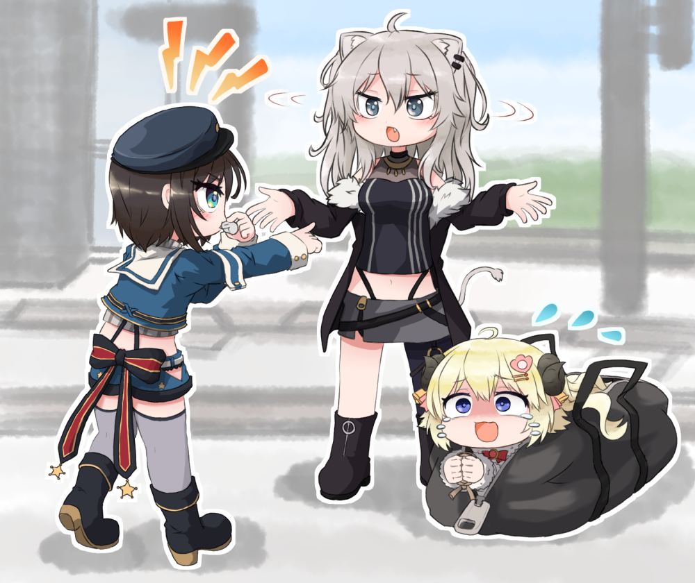 3girls, animal_ears, bag, blonde_hair, bound, bound_wrists, brown_hair, chibi