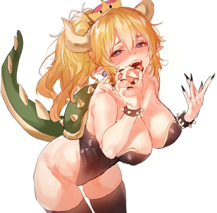 1girl, armlet, bare_shoulders, black_leotard, black_nails, black_thighhighs, blonde_hair, blue_eyes, bowsette, bracelet, breasts, brooch, choker, collar, crown, earrings, fingernails, horns, jewelry, large_breasts, leotard, long_hair, looking_at_viewer, mario_(series), mx2j, nail_polish, new_super_mario_bros._u_deluxe, nintendo, ponytail, sharp_fingernails, solo, spiked_armlet, spiked_bracelet, spiked_collar, spikes, super_crown, tail, thighhighs