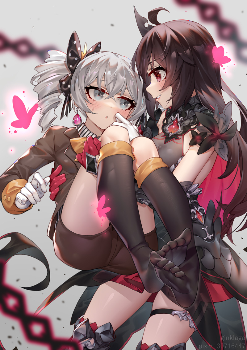 2girls, bad_id, bad_pixiv_id, black_legwear, blush, bronya_zaychik, bronya_zaychik_(wolf's_dawn), brown_eyes, brown_hair, bug, butterfly, carrying, chinese_commentary, commentary_request, drill_hair, ginklaga, gloves, grey_eyes, grin, honkai_(series), honkai_impact_3rd, insect, long_hair, long_sleeves, looking_at_another, multicolored_hair, multiple_girls, no_shoes, princess_carry, red_gloves, red_hair, seele_(alter_ego), seele_vollerei, seele_vollerei_(starchasm_nyx), silver_hair, smile, toes, twin_drills, two-tone_hair, white_gloves, yuri