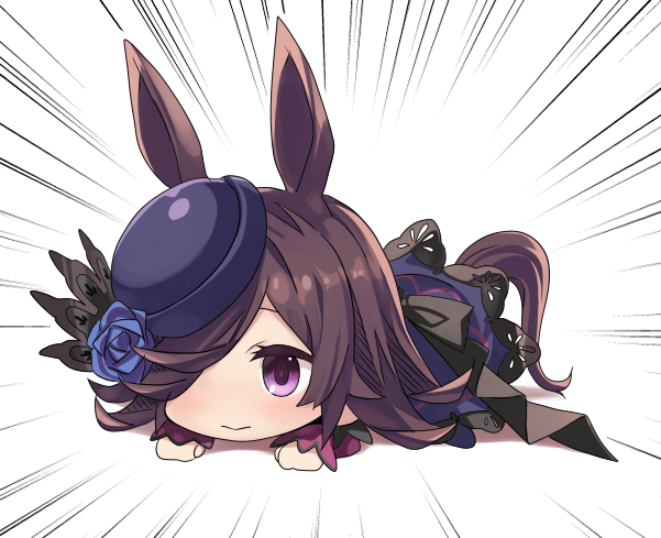 1girl, animal_ears, blue_dress, blue_flower, blue_hat, blue_rose, brown_hair, commentary_request