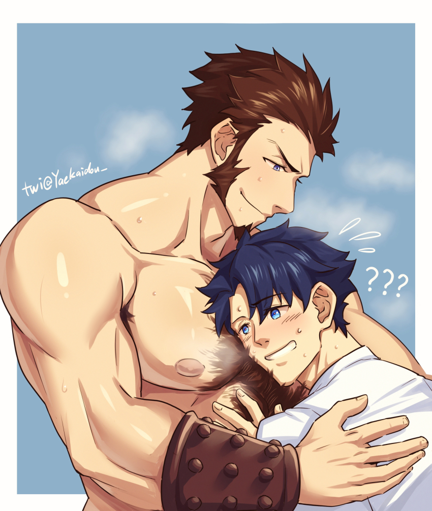 2boys, ?, absurdres, arm_hair, blue_eyes, blush, bracer, brown_hair