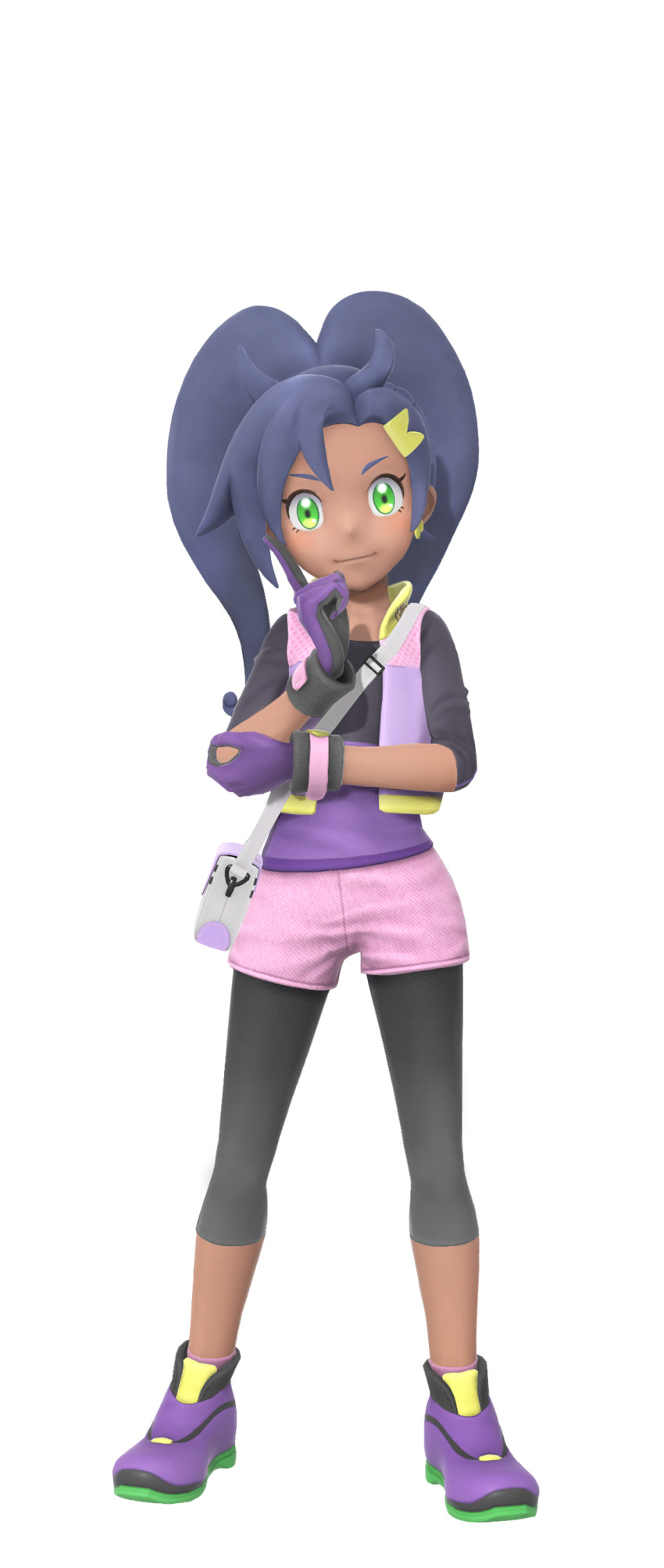 1girl, 3d, absurdres, artist_request, asymmetrical_bangs, bag, black_pantyhose, blush