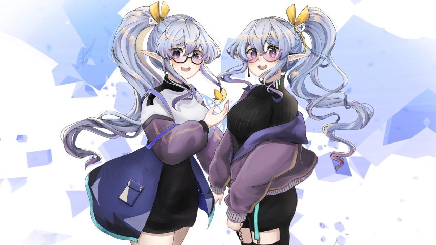 2girls, black_pants, black_skirt, black_sweater, blue_hair, blush, breasts, elf