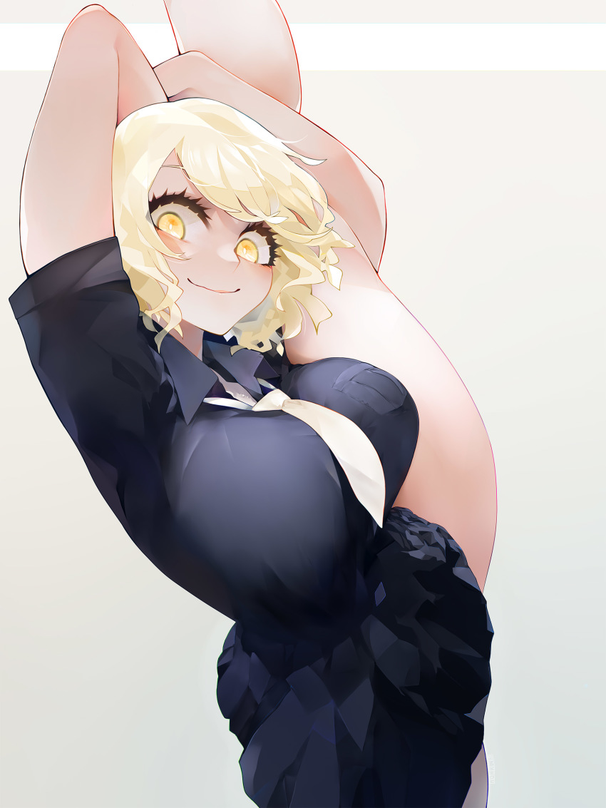 1girl, absurdres, black_shirt, black_skirt, blonde_hair, blush, breasts, collared_shirt