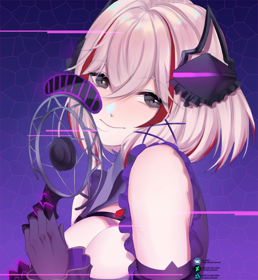 1girl, absurdres, artstation_logo, artstation_username, azur_lane, black_gloves, blonde_hair, blush, breasts, cleavage, deviantart_logo, deviantart_username, gloves, grey_eyes, highres, huge_filesize, large_breasts, microphone, multicolored_hair, red_hair, roon_(azur_lane), roon_(muse)_(azur_lane), smile, solo, stasikkarasik, streaked_hair, upper_body, vkontakte_logo, vk_username