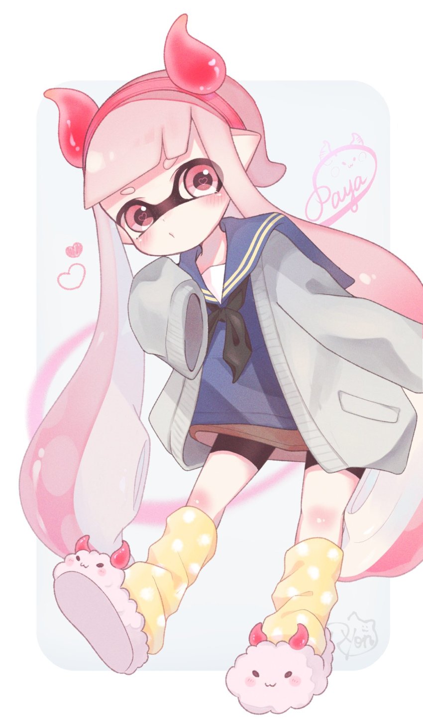 1girl, artist_name, bad_id, bad_twitter_id, bike_shorts, black_neckerchief, black_shorts, blouse, blue_sailor_collar, blue_shirt, blunt_bangs, cardigan, commentary, demon_horns, fake_horns, full_body, grey_cardigan, grey_skirt, heart, heart-shaped_pupils, highres, horns, inkling, inkling_girl, inkling_player_character, leaning_forward, long_hair, long_sleeves, looking_at_viewer, loose_socks, mask, miniskirt, neckerchief, nintendo, open_cardigan, open_clothes, parted_lips, pink_eyes, pink_hair, pink_sandals, pink_slippers, pointy_ears, polka_dot, polka_dot_legwear, ryon_mnhl, sailor_collar, sandals, shirt, shorts, shorts_under_skirt, signature, skirt, sleeves_past_fingers, sleeves_past_wrists, slippers, socks, solo, standing, untranslatable_commentary, symbol-shaped_pupils, tentacle_hair, texture, very_long_hair, yellow_legwear