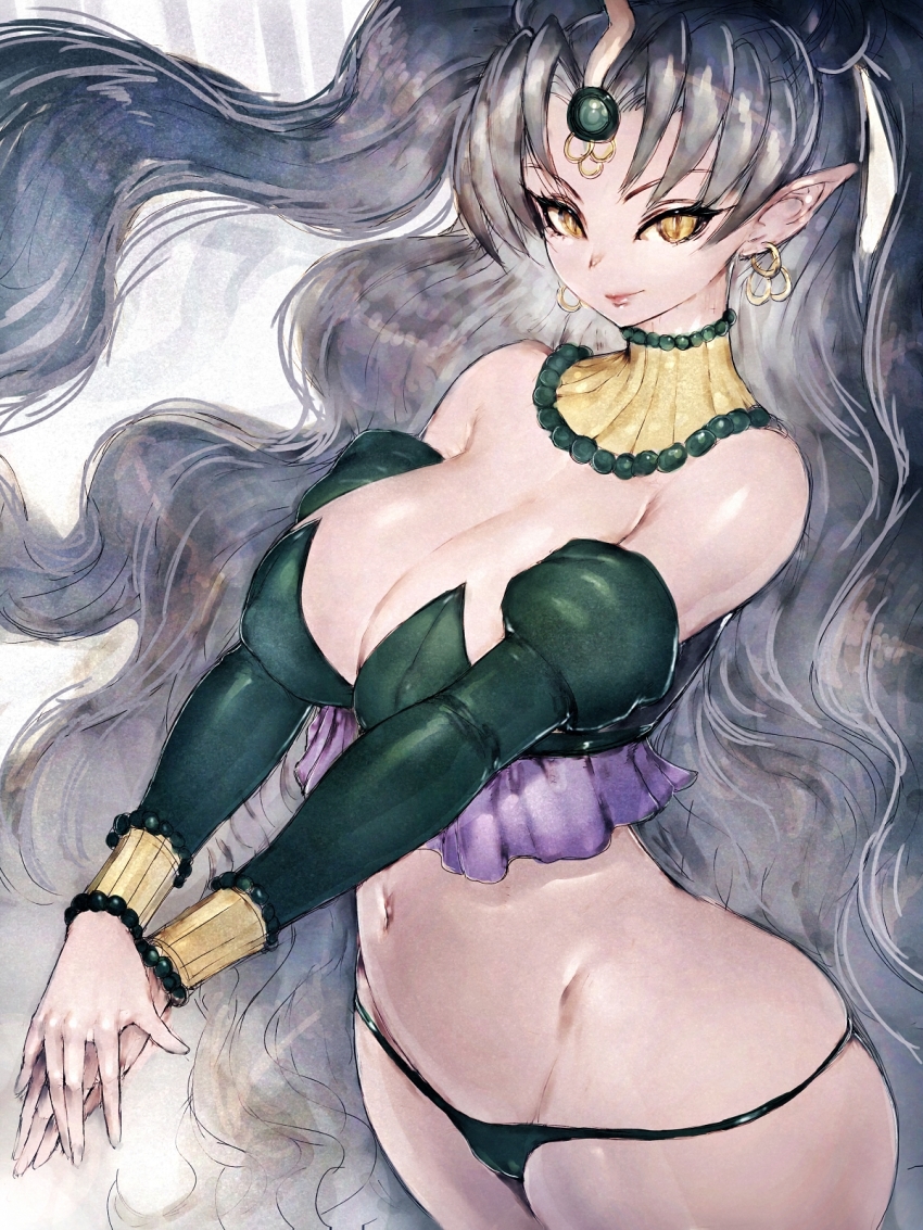 bare_shoulders, bishoujo_senshi_sailor_moon, bishoujo_senshi_sailor_moon_supers, breasts, curvy, detached_sleeves, earrings, fumio_(rsqkr), highres, jewelry, large_breasts, long_hair, looking_at_viewer, midriff, navel, nehelenia_(sailor_moon), pointy_ears, silver_hair, slit_pupils, smile, solo, very_long_hair, wide_hips, yellow_eyes