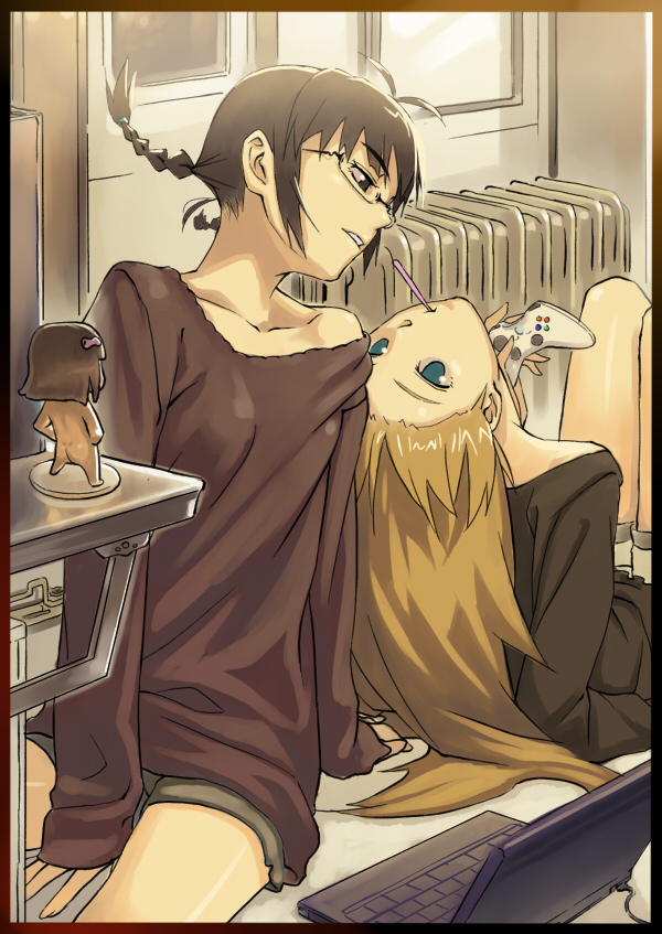 00s, 2girls, akizuki_ritsuko, antenna_hair, blonde_hair, blue_eyes, braid, breasts