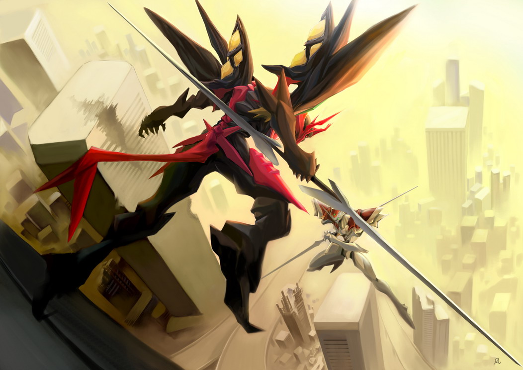 1990s_(style), city, aiba_takaya, mecha, no_humans, retro_artstyle, robot, ruins