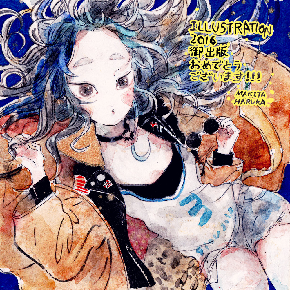 2016, artist_name, black_hair, choker, cowboy_shot, unworn_eyewear, floating_hair, hands_up