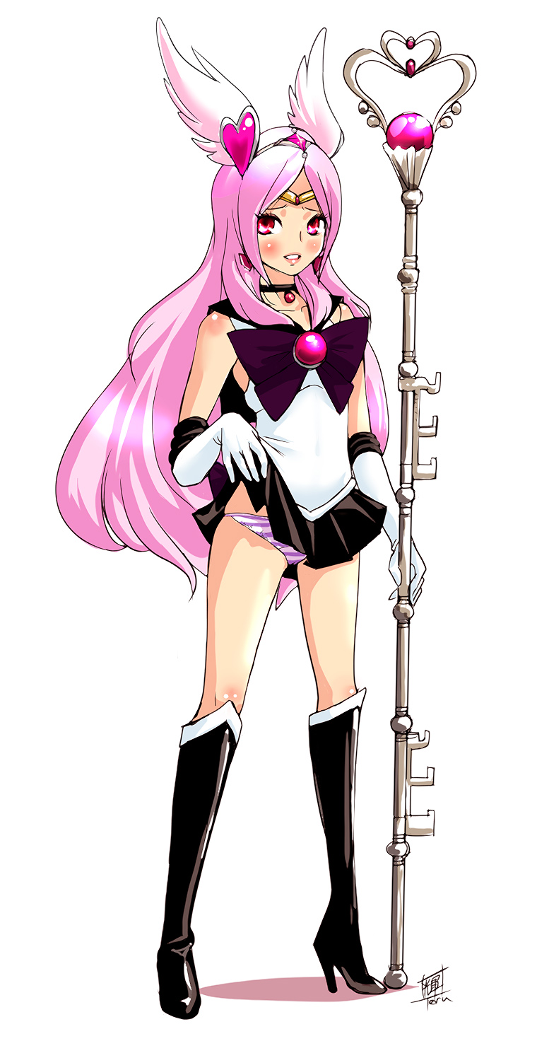 1girl, bishoujo_senshi_sailor_moon, black_neckwear, blush, boots, bow, clothes_lift, cosplay