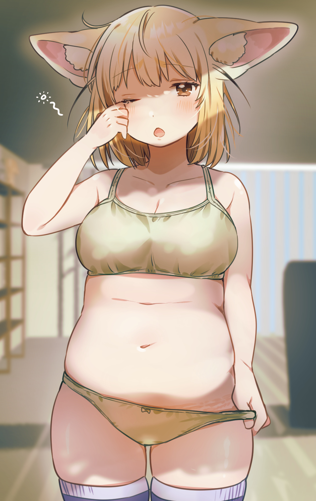 1girl, animal_ears, blonde_hair, blush, bra, breasts, brown_eyes, chestnut_mouth, collarbone, cowboy_shot, fennec_(kemono_friends), fox_ears, highres, indoors, kemono_friends, medium_breasts, medium_hair, messy_hair, navel, one_eye_closed, panties, plump, rubbing_eyes, skindentation, solo, suicchonsuisui, thighhighs, underwear, underwear_only, yawning, yellow_bra, yellow_panties