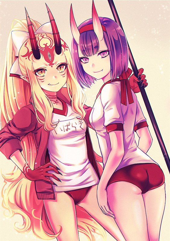 2girls, ass, black_nails, blonde_hair, bow, breasts, buruma, fang