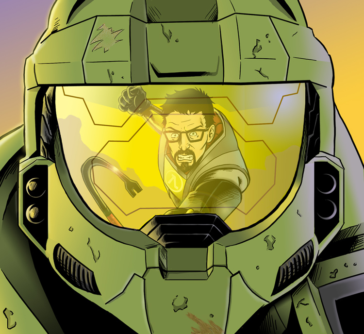2boys, angry, artist_request, beard, black_hair, blood, blood_stain, clenched_hand, crossover, crowbar, damaged, epic, facial_hair, fighting, glasses, gordon_freeman, gradient_background, half-life, halo_(game), helmet, logo, master_chief, multiple_boys, mustache, purple_background, reflection, simple_background, teeth, weapon, yellow_background